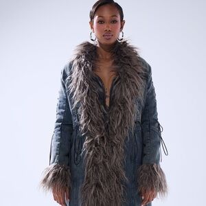 New Akira Sade Fur Trimmed Denim Full Length Coat Size M